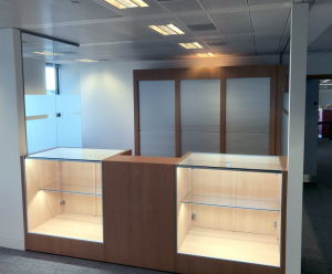 Wood reception desk with display counters