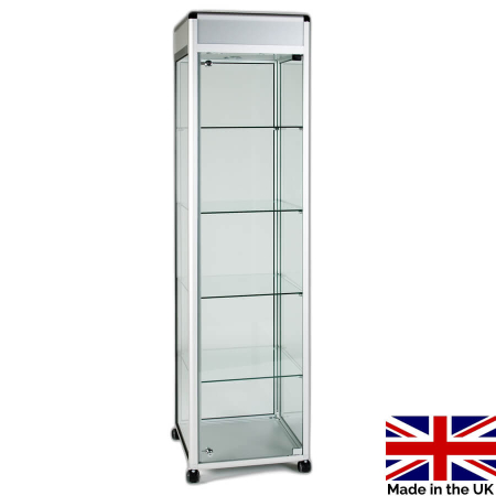 freestanding glass display case with header - ub011 - Made in the UK