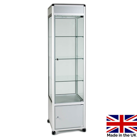 freestanding glass display case with header and storage - UB012 - Made in the UK