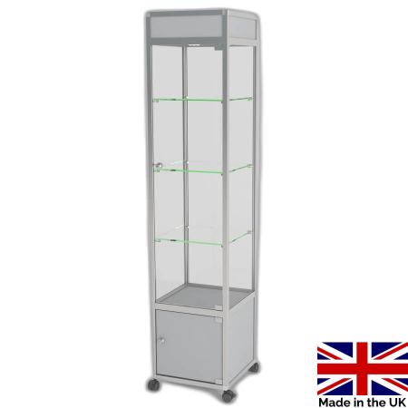 freestanding glass display case with header and storage - UB012ED - Made in the UK