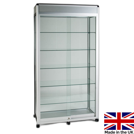 freestanding glass display case with header - ub014 - Made in the UK
