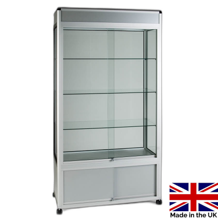 freestanding glass display case with header and storage - UB015 - Made in the UK