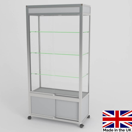 freestanding glass display case with header and storage - UB015ED - Made in the UK