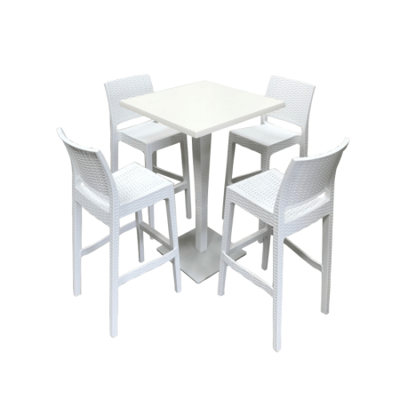 hire white rattan poseur table and stools set