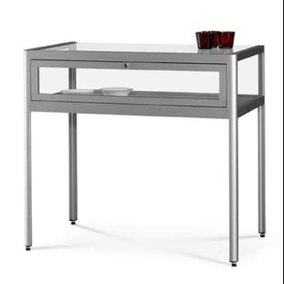 v8-1000 dustproof glass display table - silver with legs - rear