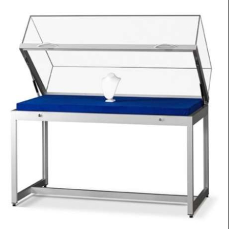 tgv-1000 glass display table with gas springs - silver - open