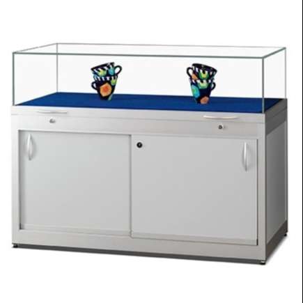 tgv-1000 glass display table with gas springs and storage