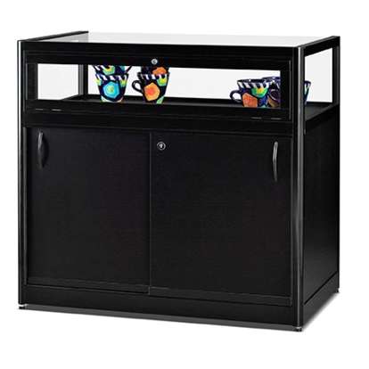 v8-1000 glass display counter - black with storage - rear