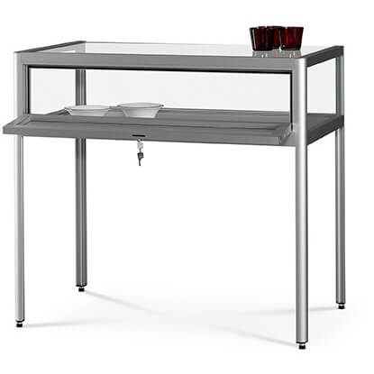 v8-1200 dustproof glass display table - silver with legs - rear