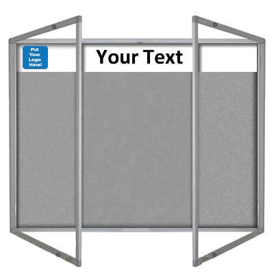 lockable felt notice board with printed header - double door - silver