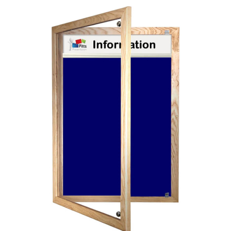 Lockable felt notice board - Single door with wood frame and printed header - Oxford Blue