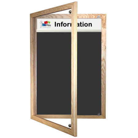 wood framed lockable forbo nairn notice board with printed header