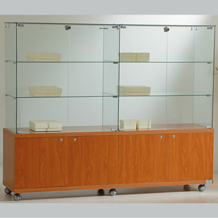 1570mm wide glass freestanding display case - laminato light - 16/14M - cherry wood