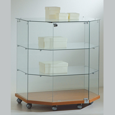 800mm wide glass trapezoid display case - laminato light - 8/90T - cherry wood
