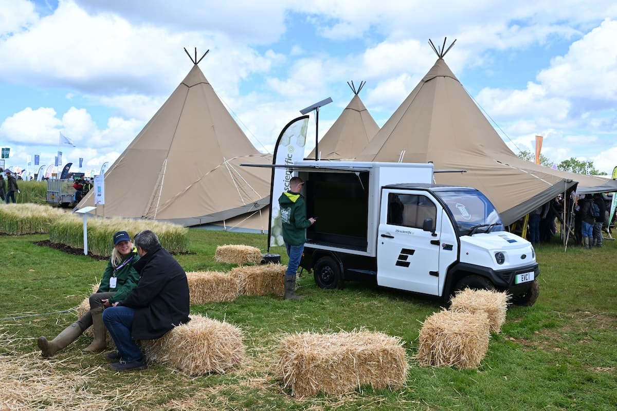 cereals-2026-tipi-marquees-mobile-exhibition-van Tipi-style marquees and Life Scientific mobile exhibition van with hay bale seating at Cereals 2026.