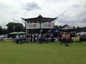 Branded HEXIS Sky Lounge hospitality structure used for corporate entertaining at an outdoor sporting event