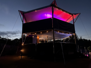 hexis-silhouette-side-angle-pink-canopy-dusk Side angle of HEXIS structure silhouetted at dusk with pink illuminated canopy and string lights