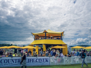 HEXIS Sky Lounge VIP hospitality structure with elevated viewing deck at a large outdoor festival