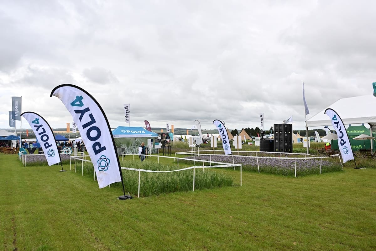 poly4-branded-flags-cereals-2026-outdoor-stand Poly4 branded flags and outdoor exhibition stand at Cereals 2026 with demonstration plots.