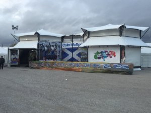 HEXIS structures – Colin McRae tribute event HEXIS elevated structure branded for a Colin McRae tribute exhibition with Scottish saltire flag graphics