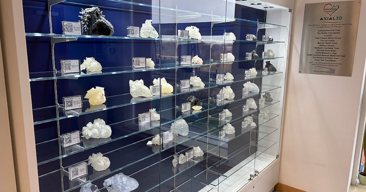 Bespoke glass display cabinet for 3D-printed heartsÛ Bespoke wall-mounted glass display cabinet with navy blue backdrop, illuminated glass shelves and white 3D-printed heart models, beside an Axial3D donor plaque at Southampton hospital